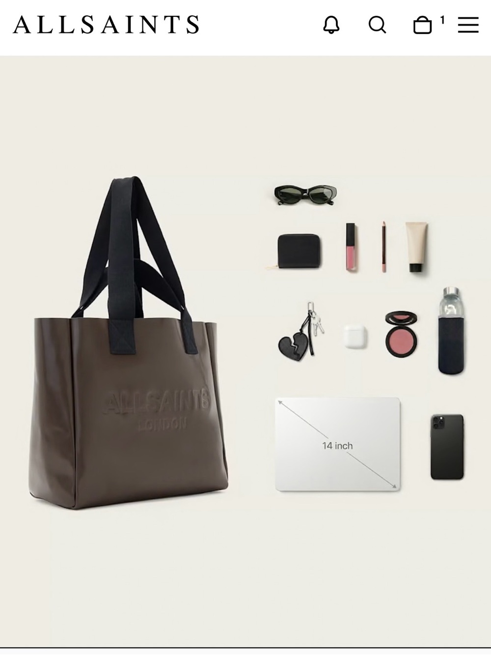 AllSaints Brown Leather Tote with Black Webbed Handles